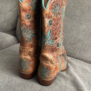 Brown and Teal Embroidered Western Boots